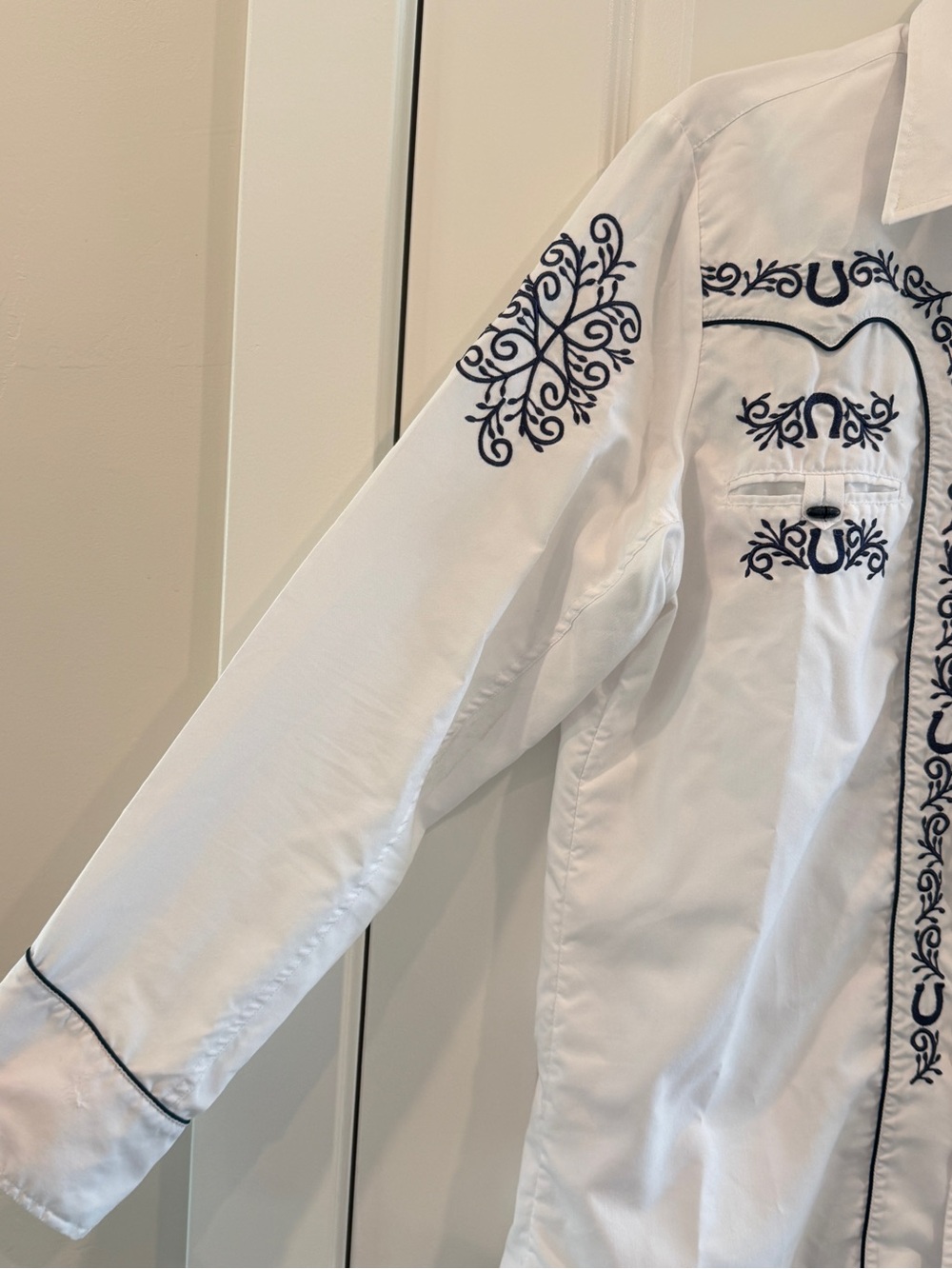 Ranger's Charro White Shirt with Dark Blue Floral Embroidery Button Down sz L - Picture 8 of 12